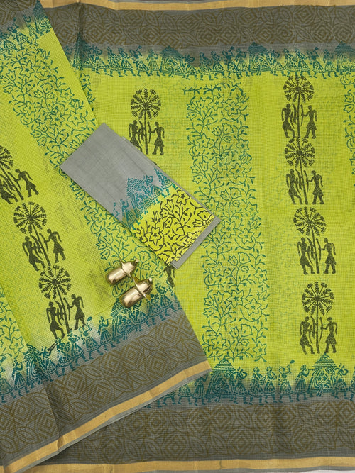 Pure Munga Checks Cotton with Hand Block Printed Sarees - Green with Grey