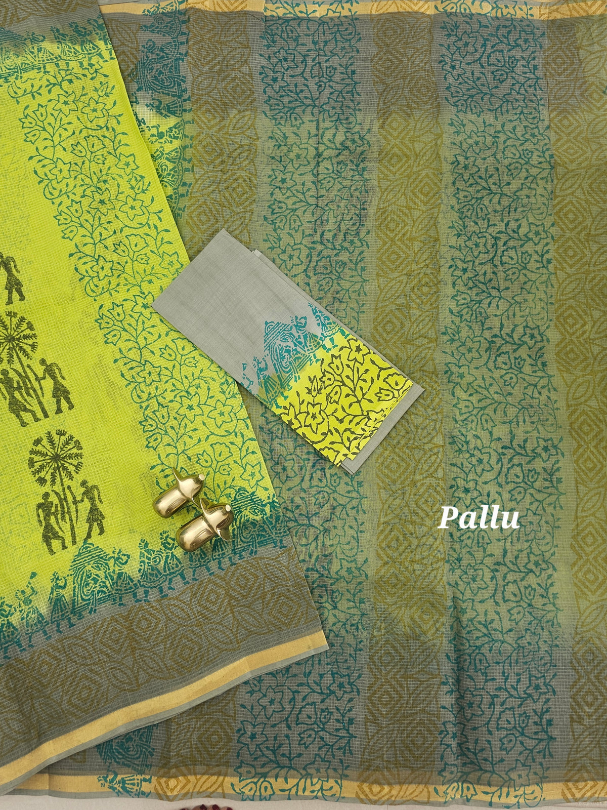 Pure Munga Checks Cotton with Hand Block Printed Sarees - Green with Grey