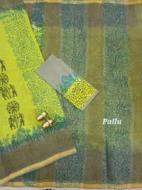 Pure Munga Checks Cotton with Hand Block Printed Sarees - Green with Grey