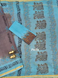 Pure Munga Checks Cotton with Hand Block Printed Sarees - Grey with Blue