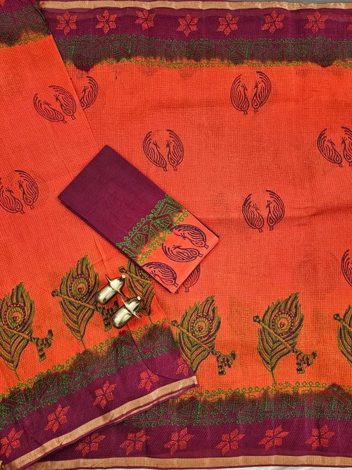 Pure Munga Checks Cotton with Hand Block Printed Sarees -  Orange with Magenta Pink