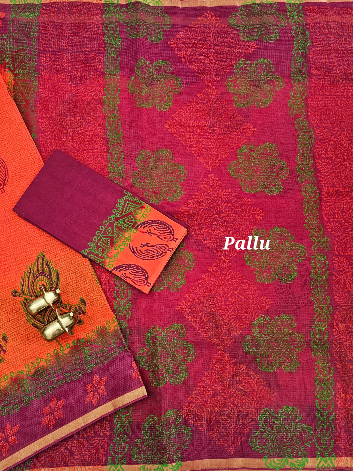 Pure Munga Checks Cotton with Hand Block Printed Sarees -  Orange with Magenta Pink
