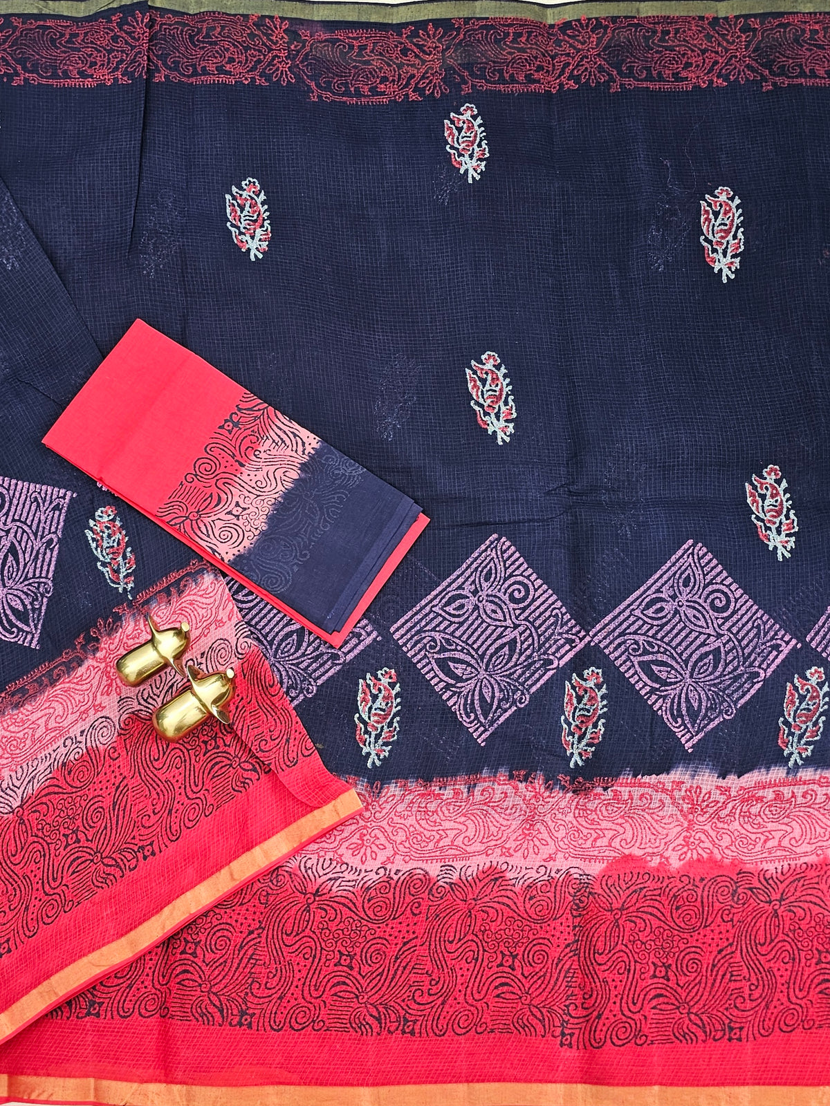 Pure Munga Checks Cotton with Hand Block Printed Sarees - Blue with Red
