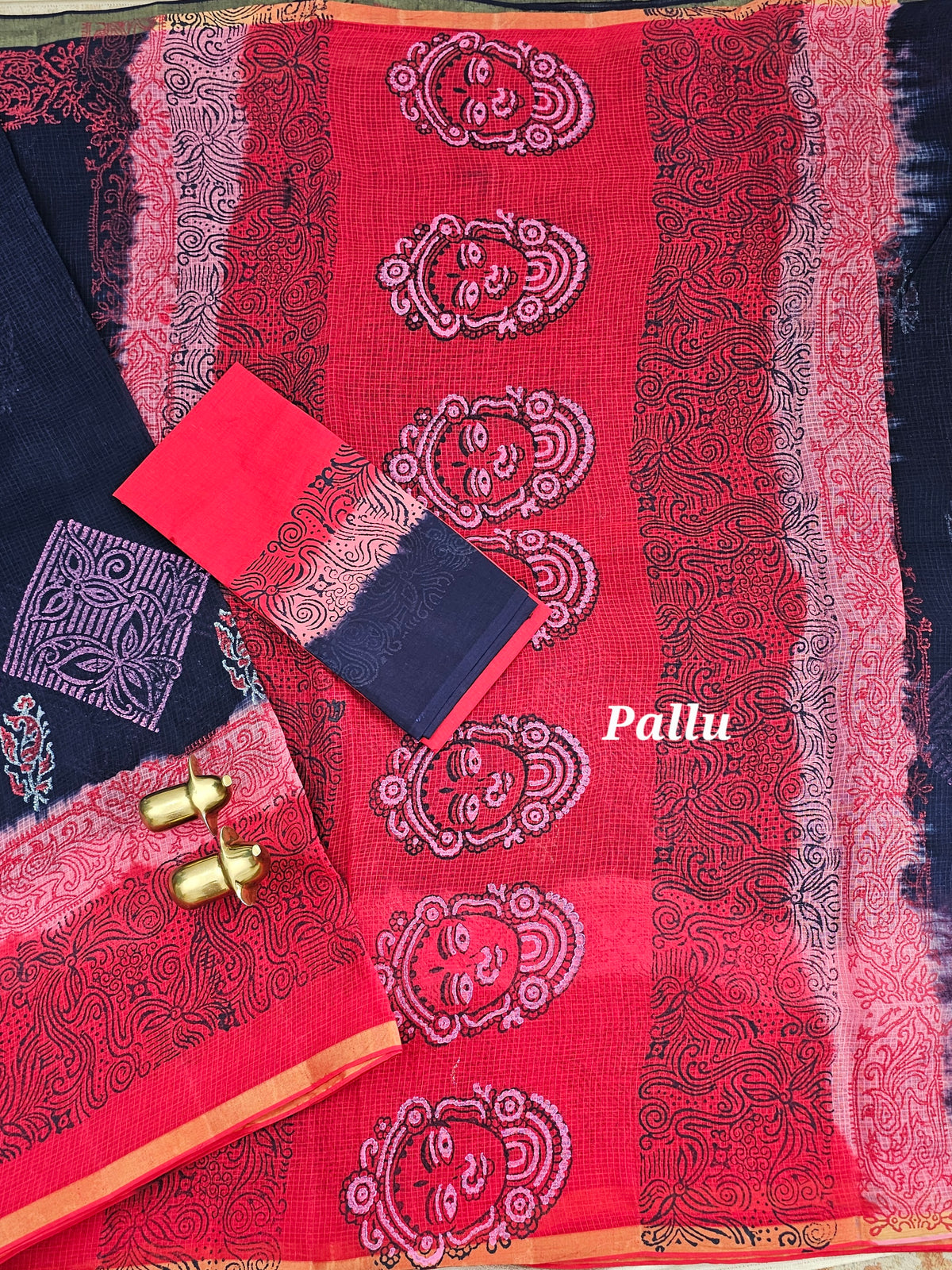 Pure Munga Checks Cotton with Hand Block Printed Sarees - Blue with Red