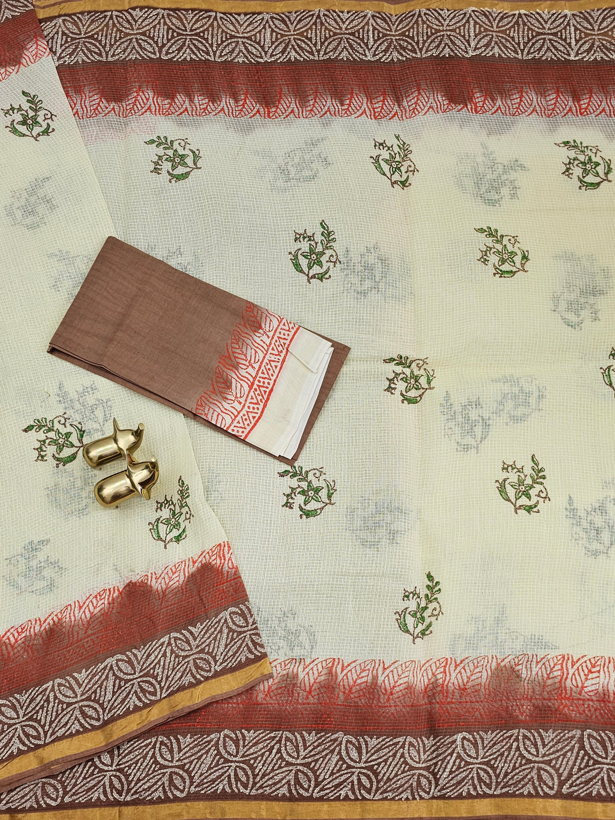 Pure Munga Checks Cotton with Hand Block Printed Sarees - Cream with Brown