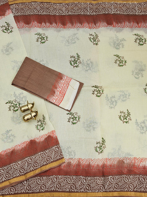 Pure Munga Checks Cotton with Hand Block Printed Sarees - Cream with Brown