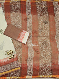 Pure Munga Checks Cotton with Hand Block Printed Sarees - Cream with Brown