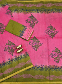 Pure Munga Checks Cotton with Hand Block Printed Sarees - Pink with Green