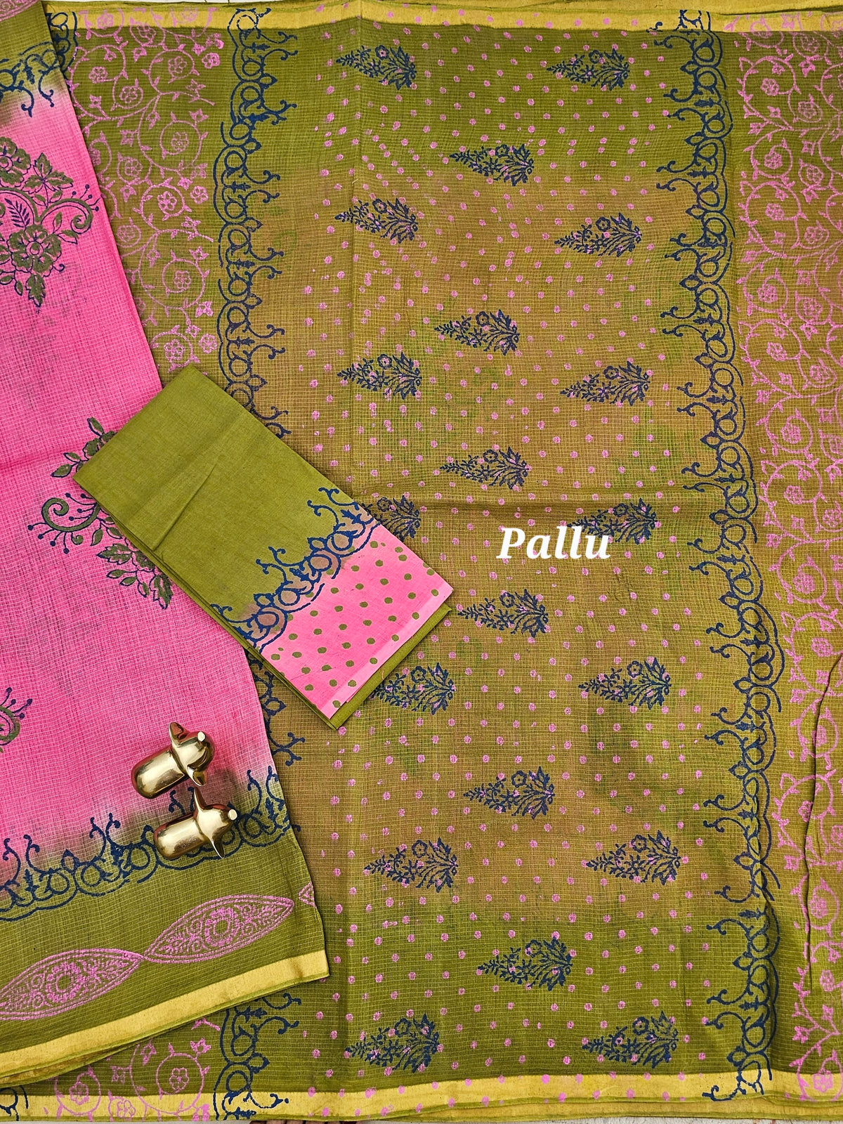Pure Munga Checks Cotton with Hand Block Printed Sarees - Pink with Green