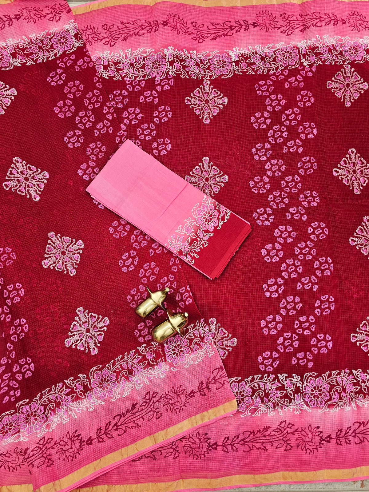Pure Munga Checks Cotton with Hand Block Printed Sarees -  Dark Red with Pink