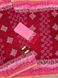 Pure Munga Checks Cotton with Hand Block Printed Sarees -  Dark Red with Pink