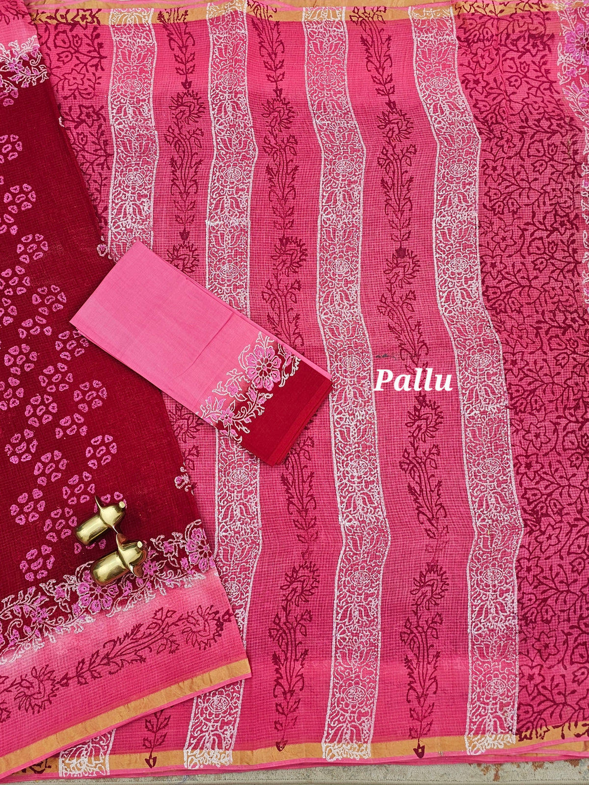 Pure Munga Checks Cotton with Hand Block Printed Sarees -  Dark Red with Pink