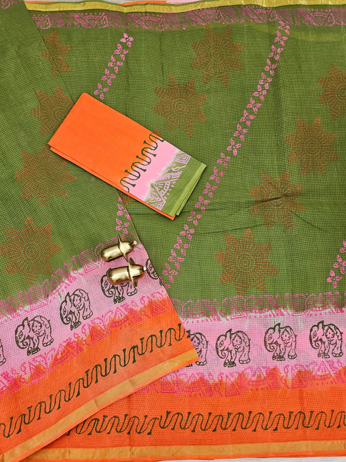 Pure Munga Checks Cotton with Hand Block Printed Sarees -  Green with Orange
