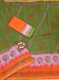 Pure Munga Checks Cotton with Hand Block Printed Sarees -  Green with Orange