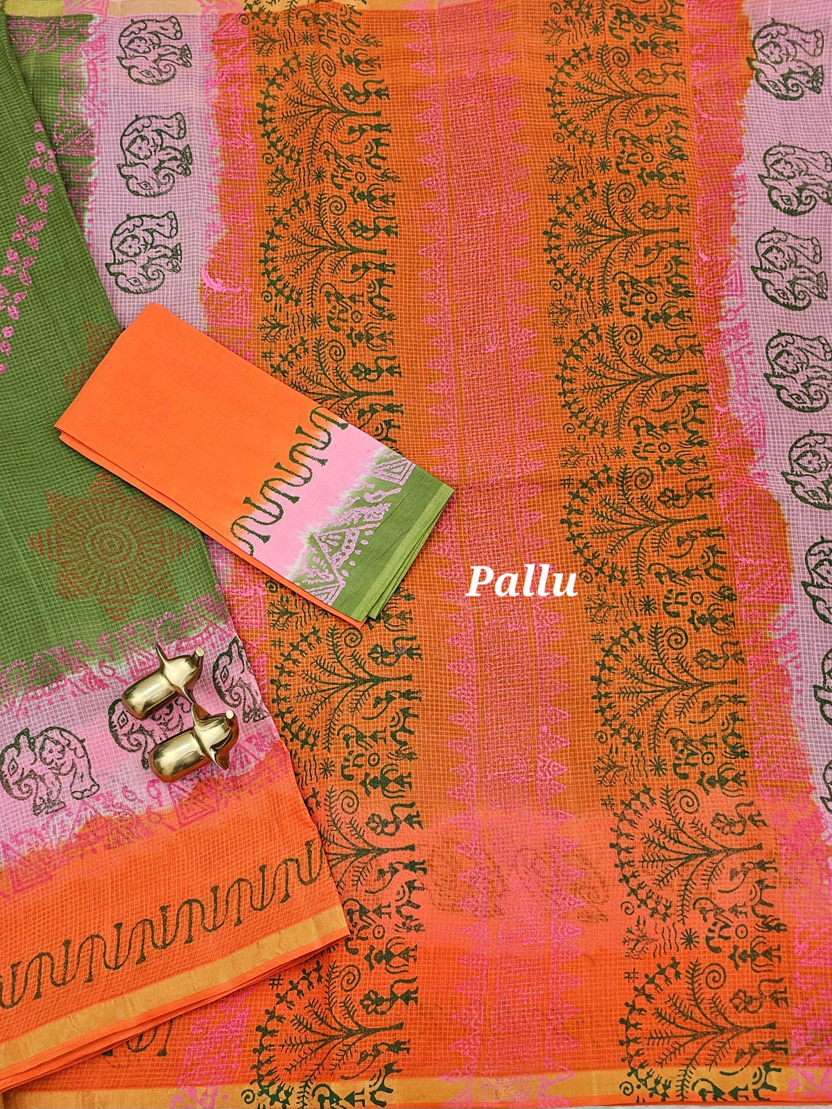 Pure Munga Checks Cotton with Hand Block Printed Sarees -  Green with Orange