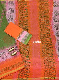 Pure Munga Checks Cotton with Hand Block Printed Sarees -  Green with Orange