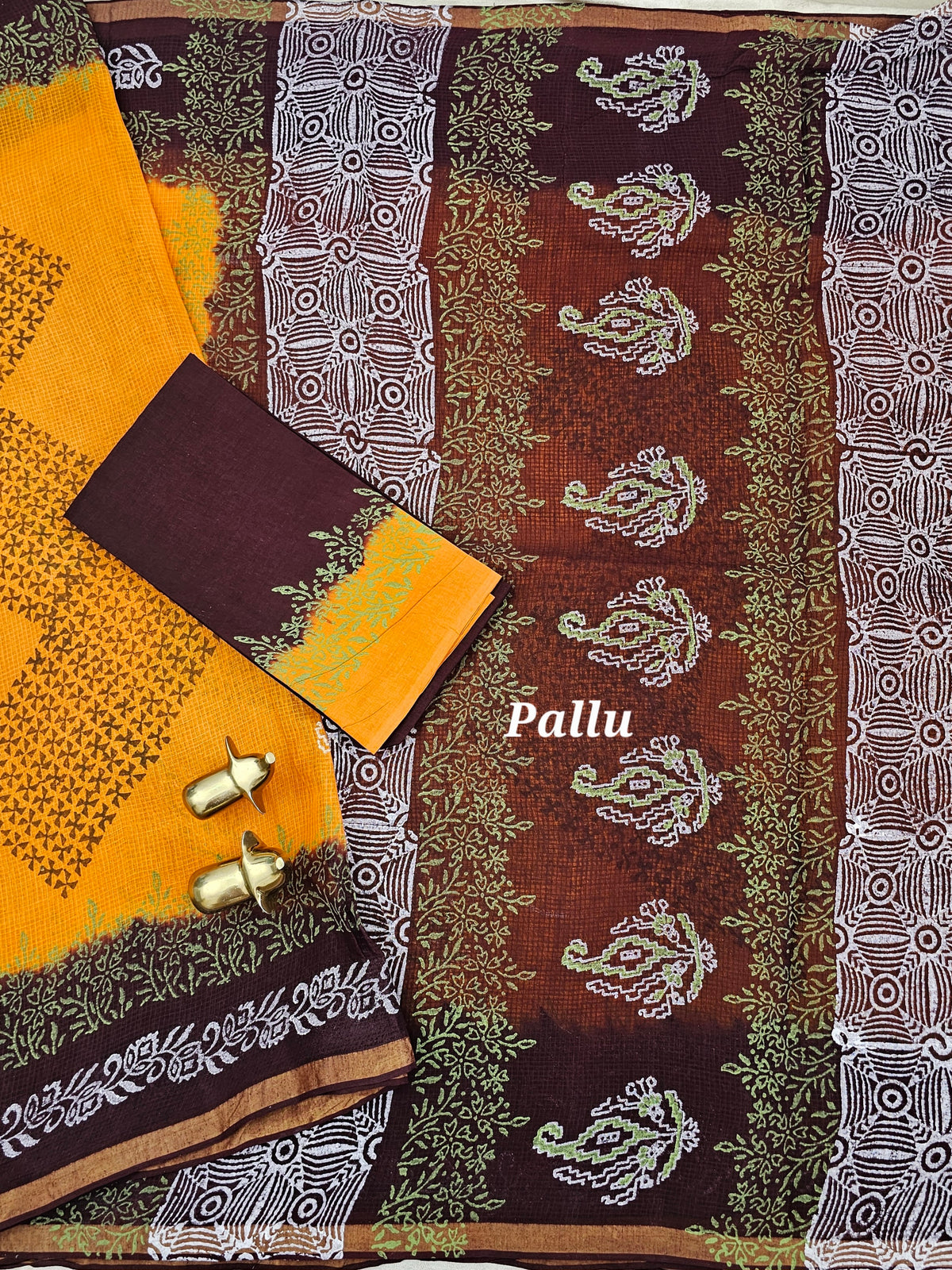 Pure Munga Checks Cotton with Hand Block Printed Sarees -  Yellow with Dark Coffee Brown