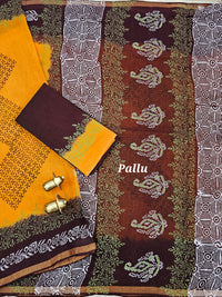 Pure Munga Checks Cotton with Hand Block Printed Sarees -  Yellow with Dark Coffee Brown