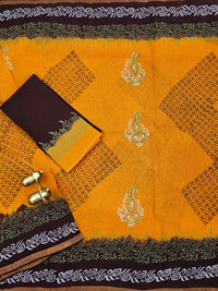 Pure Munga Checks Cotton with Hand Block Printed Sarees -  Yellow with Dark Coffee Brown