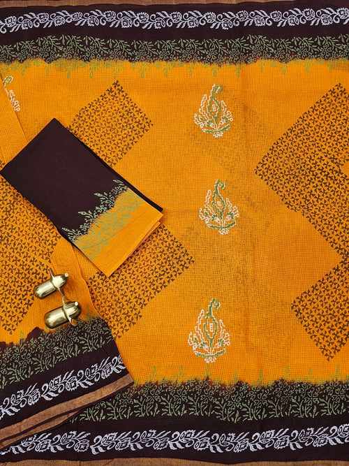 Pure Munga Checks Cotton with Hand Block Printed Sarees -  Yellow with Dark Coffee Brown