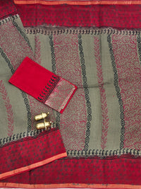 Pure Munga Checks Cotton with Hand Block Printed Sarees - Grey with Red
