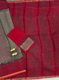 Pure Munga Checks Cotton with Hand Block Printed Sarees - Grey with Red