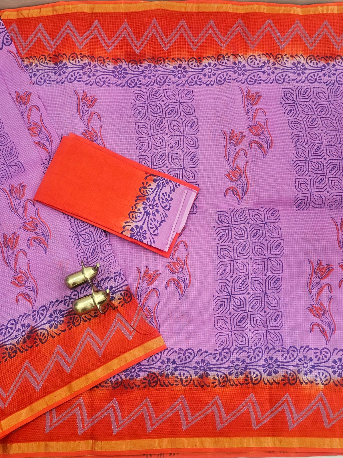 Pure Munga Checks Cotton with Hand Block Printed Sarees - Lavender with Orange