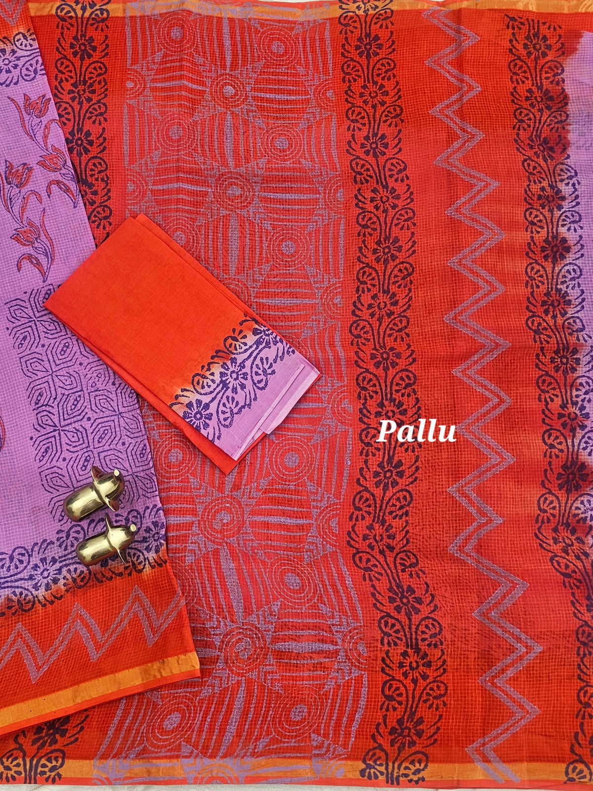 Pure Munga Checks Cotton with Hand Block Printed Sarees - Lavender with Orange