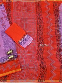 Pure Munga Checks Cotton with Hand Block Printed Sarees - Lavender with Orange