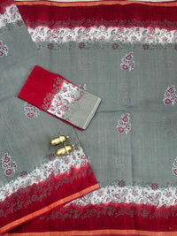 Pure Munga Checks Cotton with Hand Block Printed Printed - Grey with Maroon