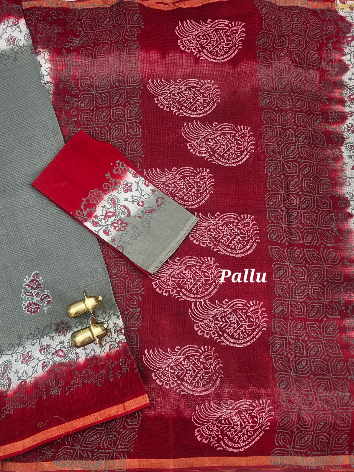 Pure Munga Checks Cotton with Hand Block Printed Printed - Grey with Maroon