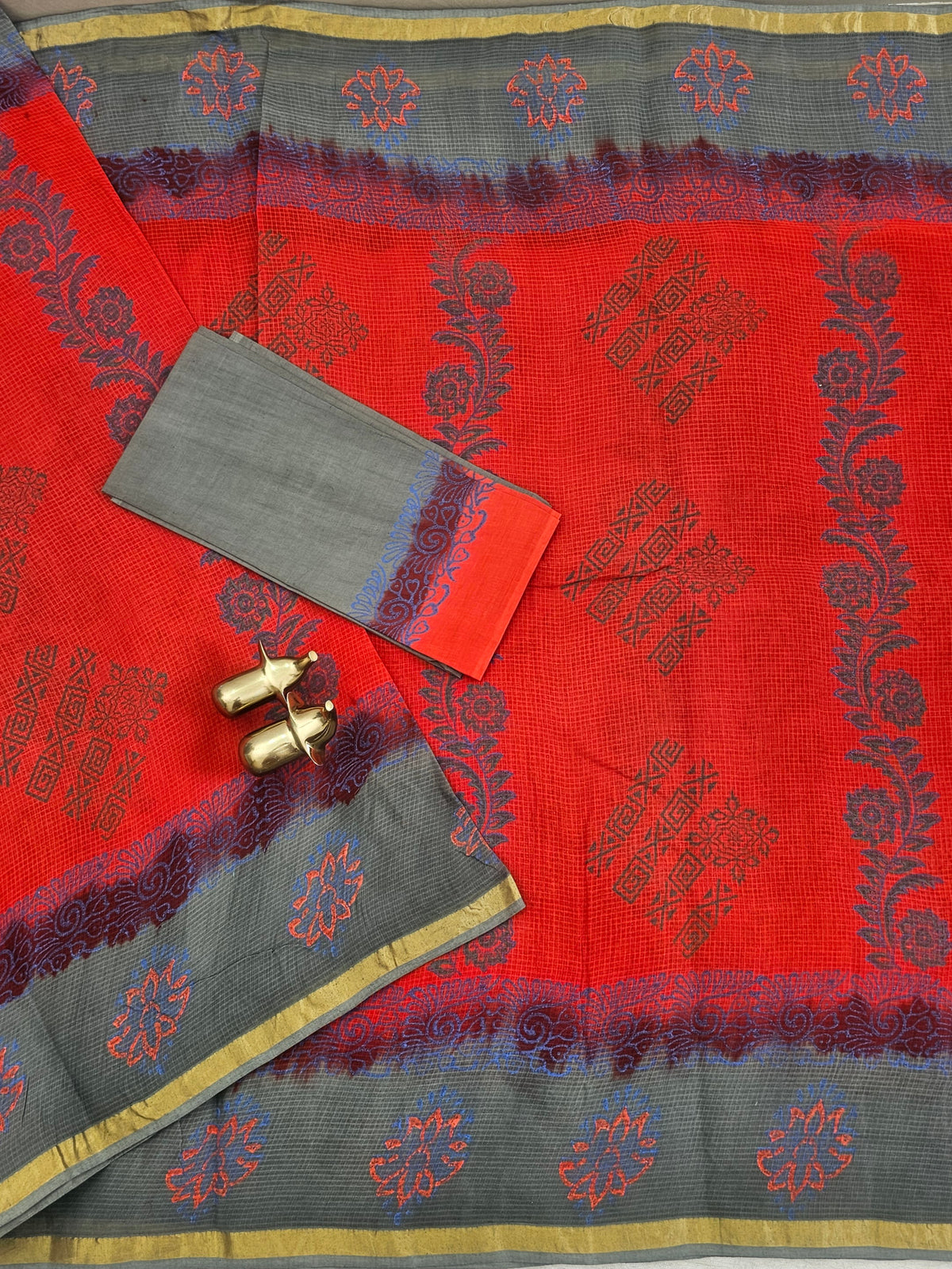 Pure Munga Checks Cotton with Hand Block Printed Printed - Orange with Grey
