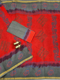 Pure Munga Checks Cotton with Hand Block Printed Printed - Orange with Grey