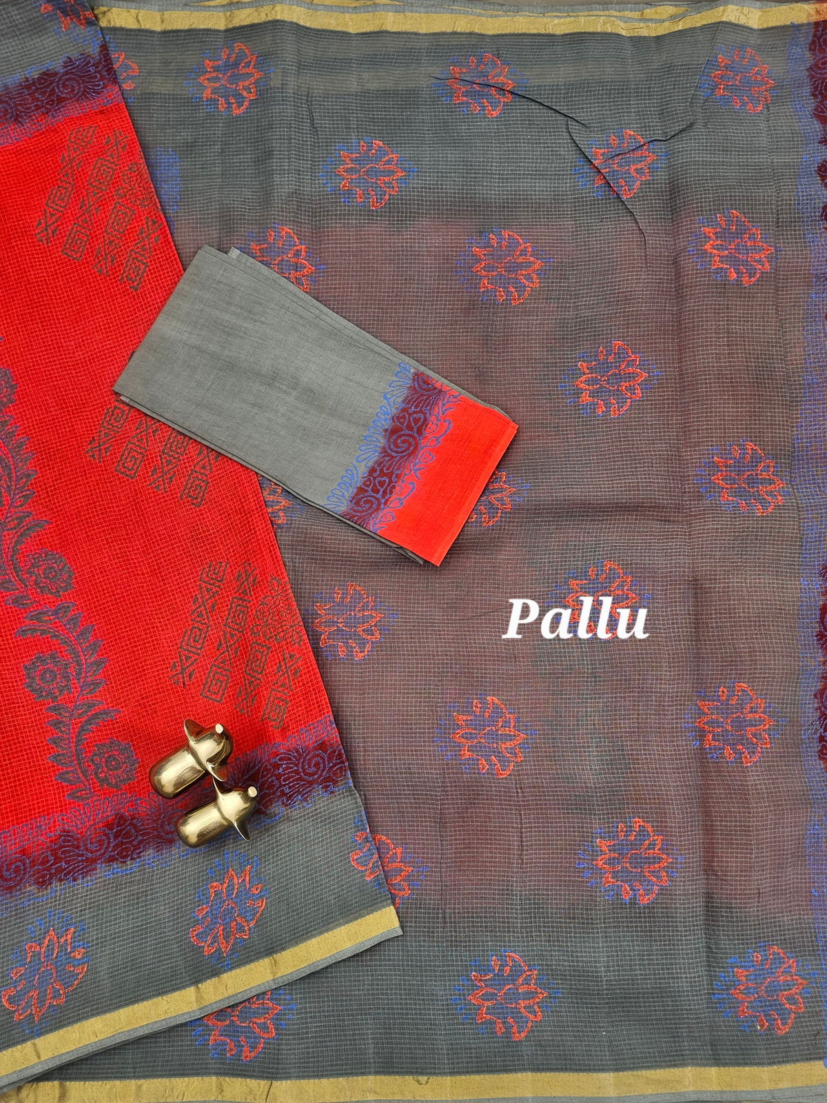Pure Munga Checks Cotton with Hand Block Printed Printed - Orange with Grey