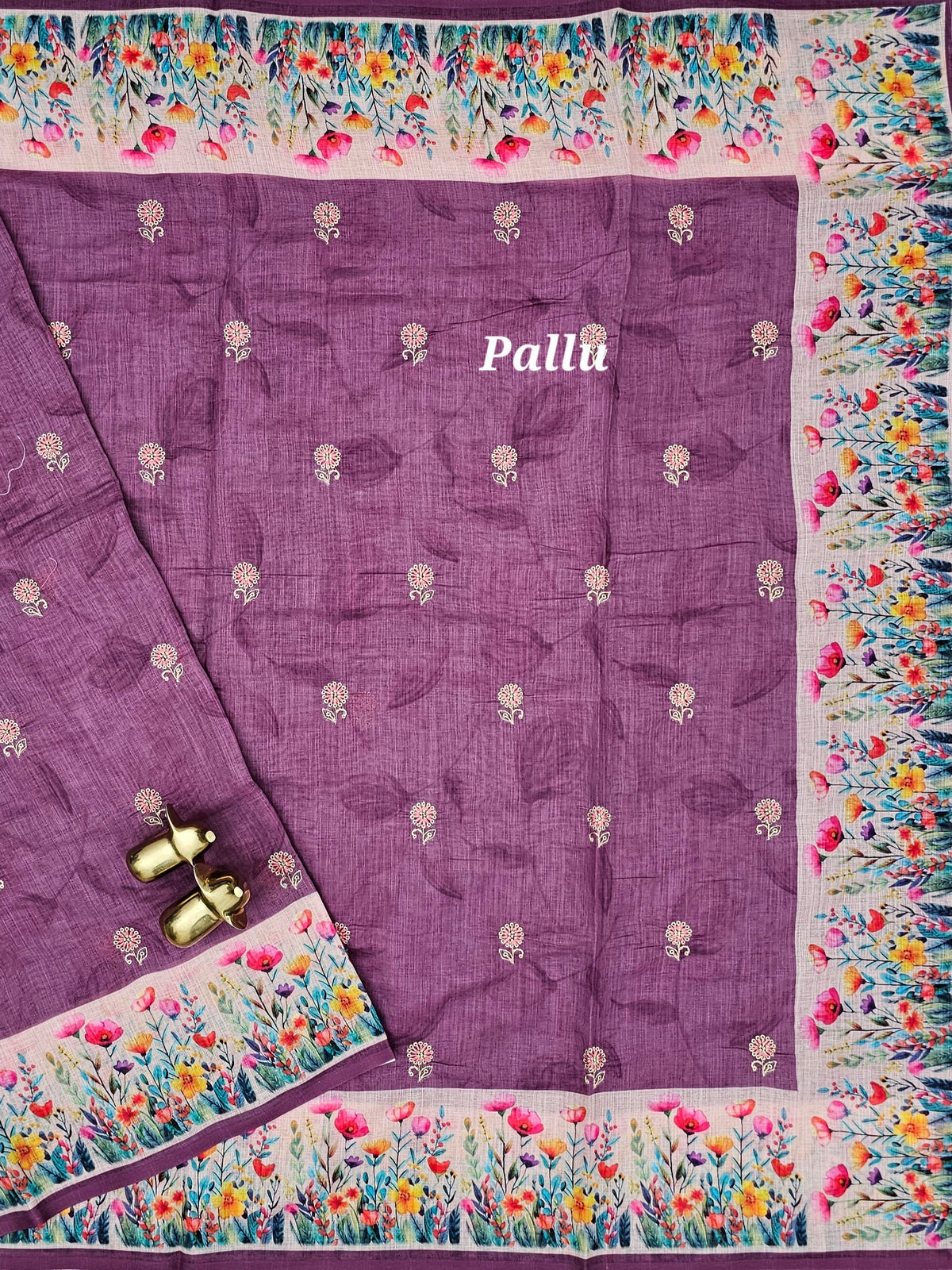 Linen Cotton with Emboridery Digital Printed Sarees - Purple