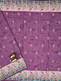 Linen Cotton with Emboridery Digital Printed Sarees - Purple