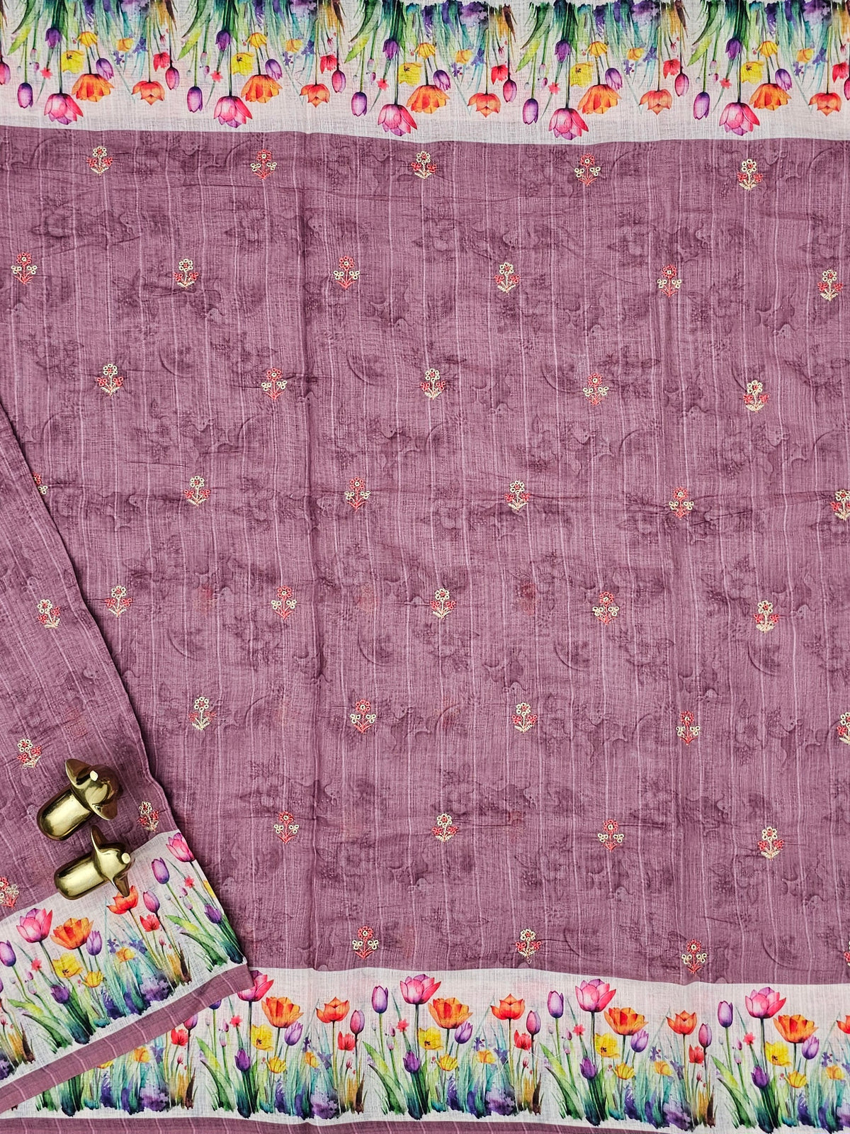 Linen Cotton with Emboridery Digital Printed Sarees - Onion Pink