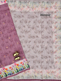Linen Cotton with Emboridery Digital Printed Sarees - Onion Pink