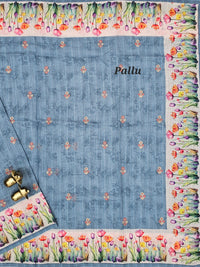 Linen Cotton with Emboridery Digital Printed Sarees - Blue