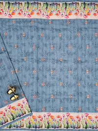 Linen Cotton with Emboridery Digital Printed Sarees - Blue