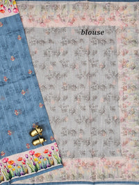 Linen Cotton with Emboridery Digital Printed Sarees - Blue