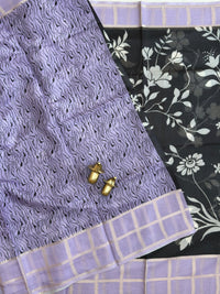 Premium Soft Semi Tussar Kota Weaving with Digital Prints - Black with Lavender