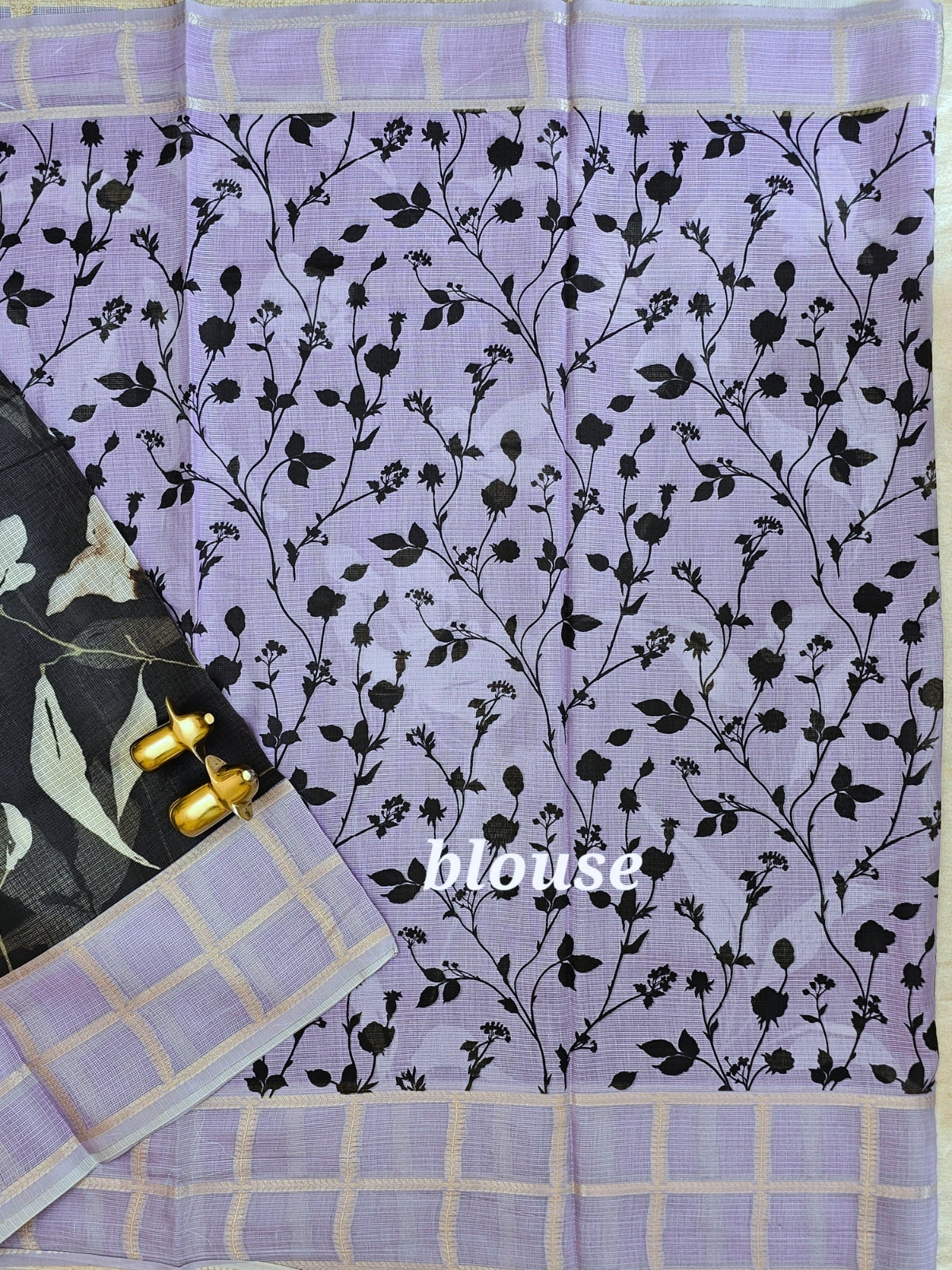 Premium Soft Semi Tussar Kota Weaving with Digital Prints - Black with Purple