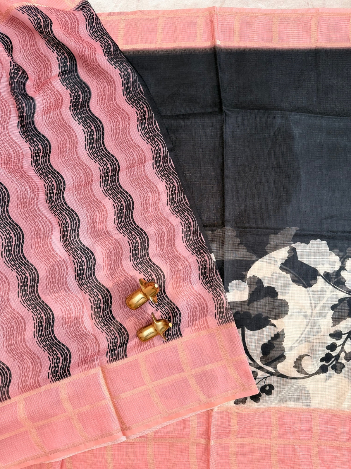 Premium Soft Semi Tussar Kota Weaving with Digital Prints - Cream with Peach