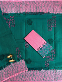 Pure Cotton with Checks Hand Block Prints - Green with Pink