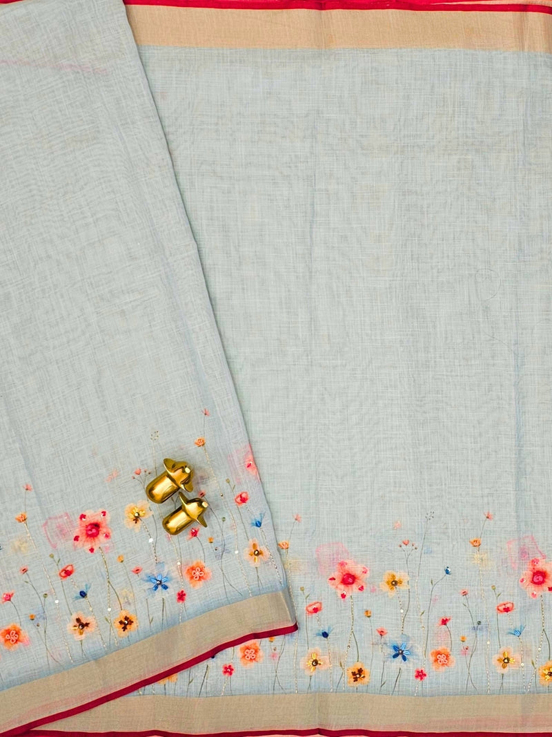 Linen Tissue Hand Brushed Floral Pattern with Thread Knot Work Sarees -  Pastel Blue