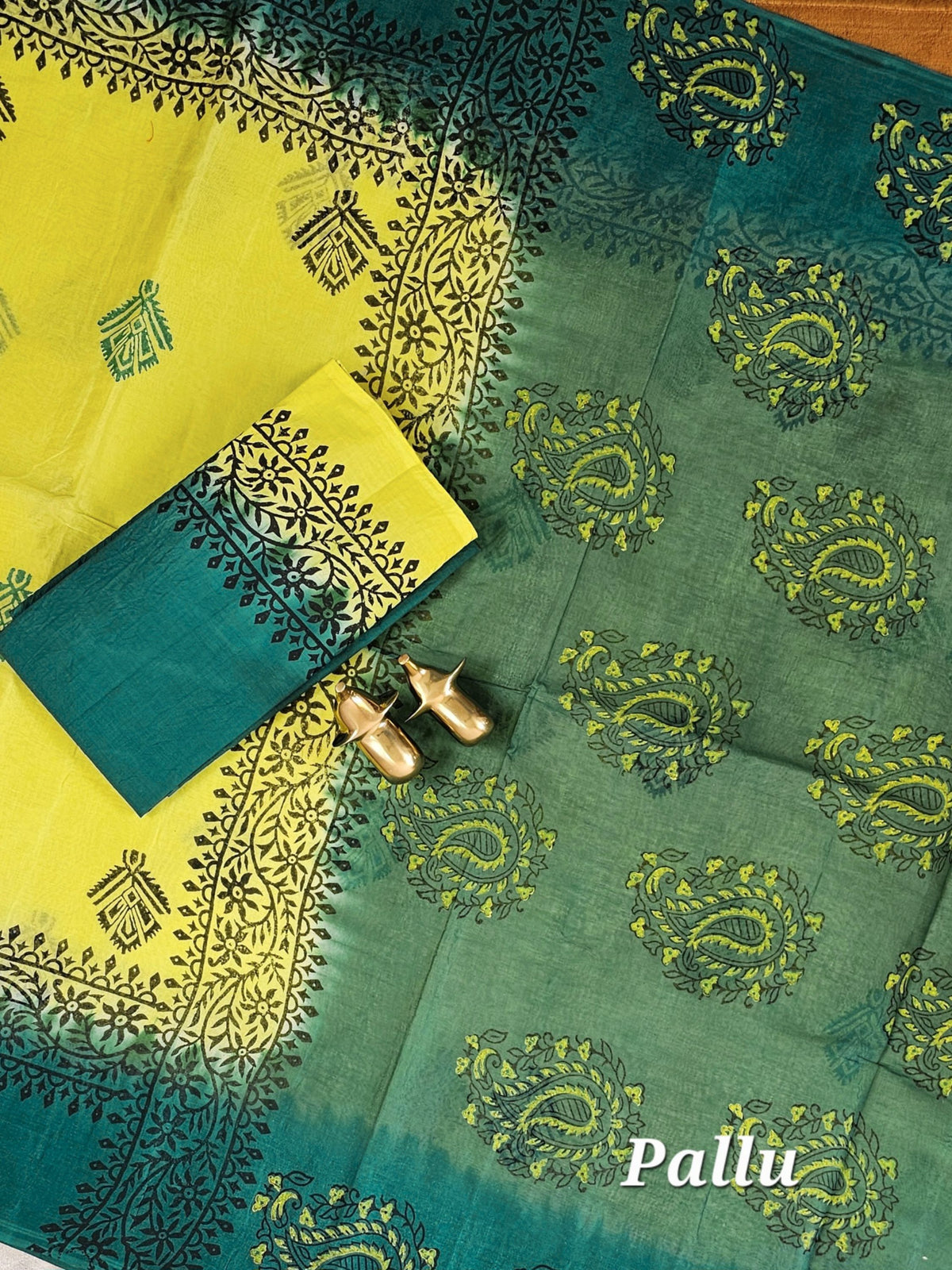 Pure Cotton with Hand Block Prints - Lemon Yellow with Peacock Green