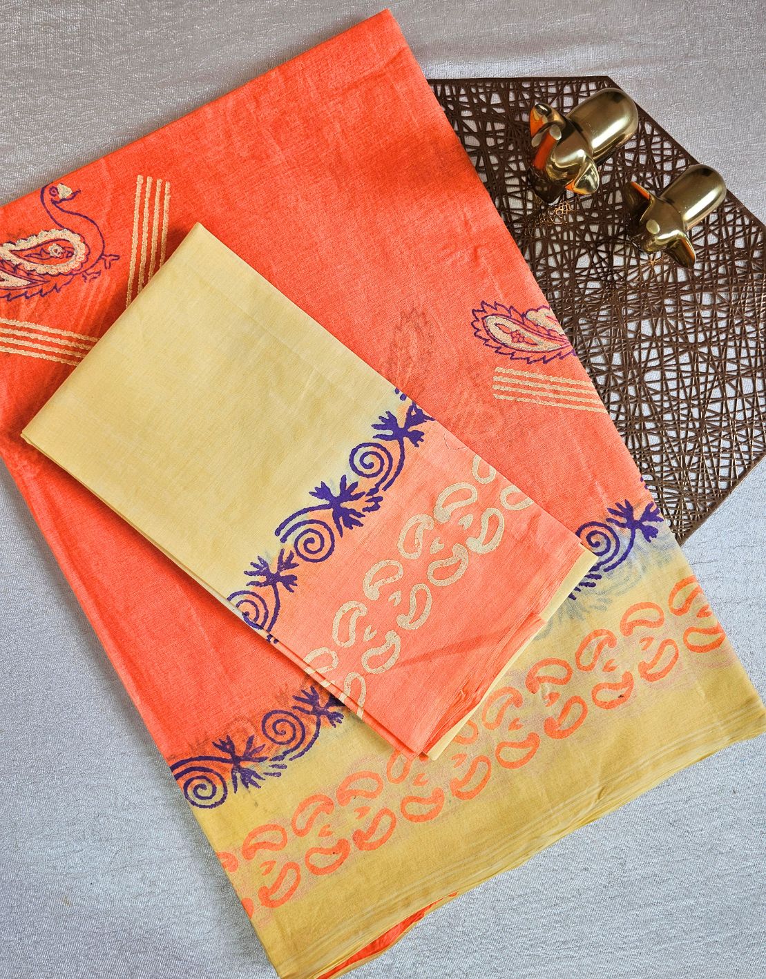 Pure Cotton with Hand Block Prints - Orange with Sandal