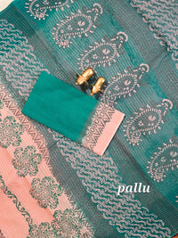 Pure Cotton with Checks Hand Block Prints - Peachish Pink with Sea Green