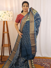 Pure Chanderi Butter Silk - Cobalt Blue with Cream